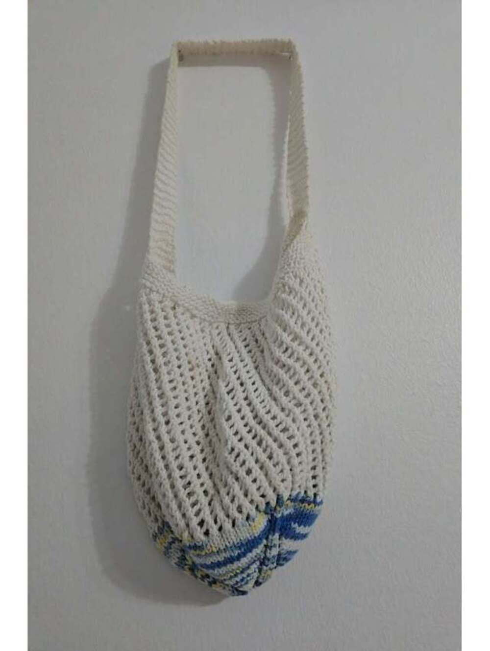 Handmade Crochet Tote Bag – White with Blue Yellow Stripes, Market Bag